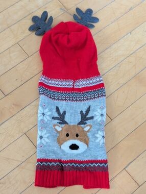15lb Dog Festive Reindeer Knit Sweater Hood - Red and Gray Medium